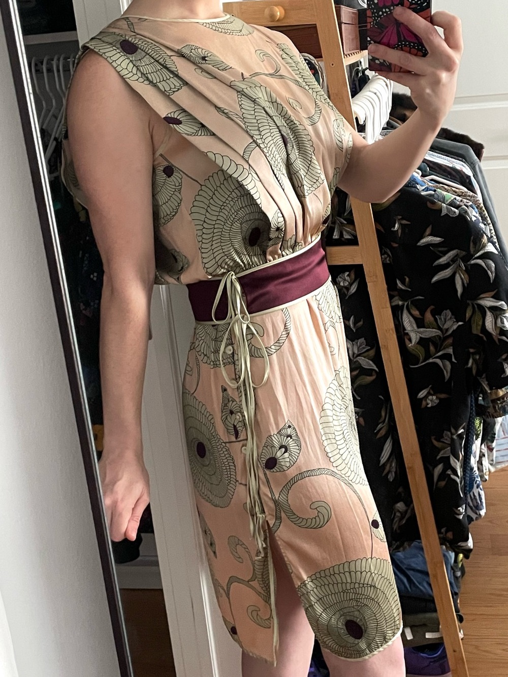 Vintage LA PERLA Main Line Silk Dress Medallion Floral Print Dusty Rose Purple - Picture 3 of 13